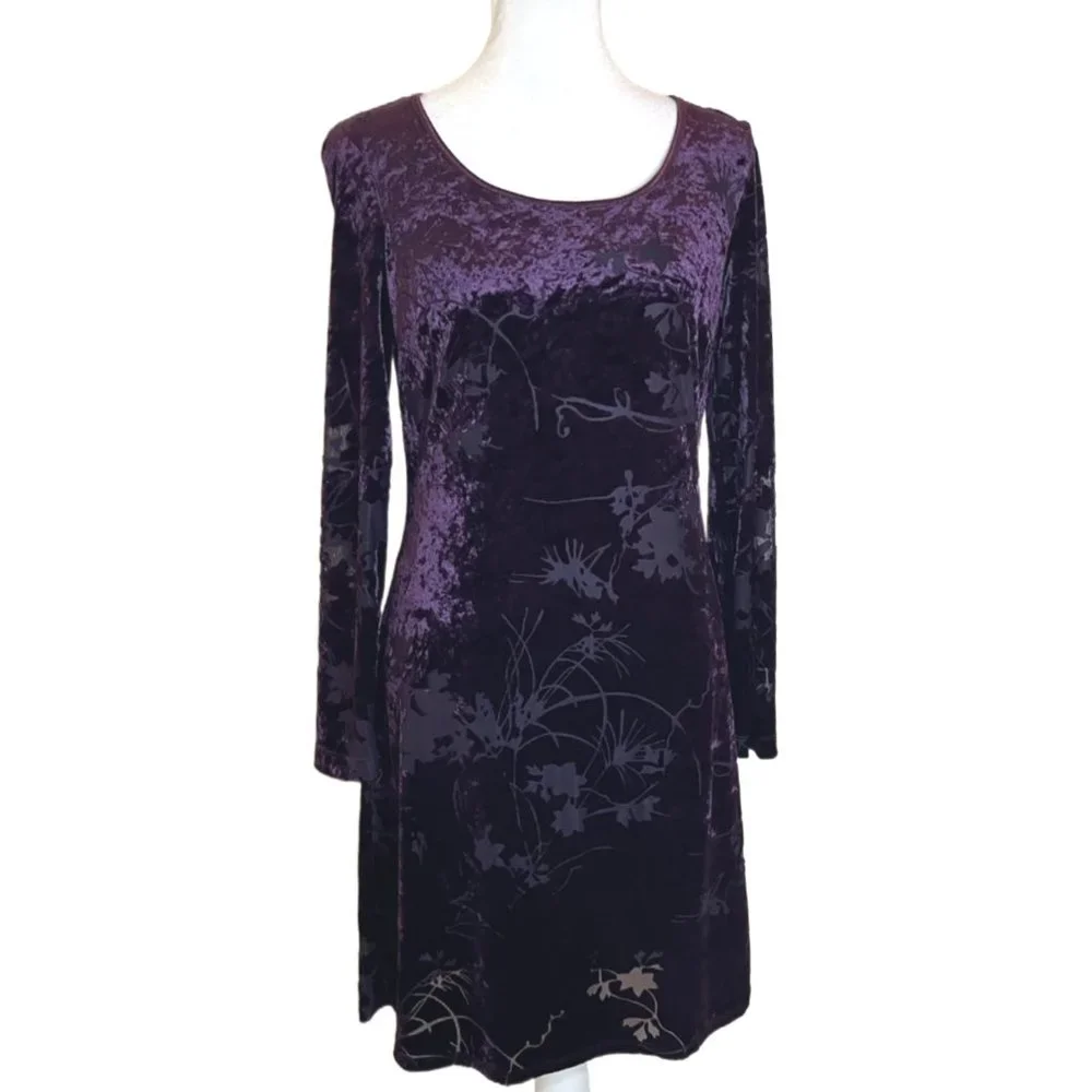 CDC Purple/Plum Velvet/Flocked Damask Floral Long Sleeve Dress Size 4 - Picture 1 of 15